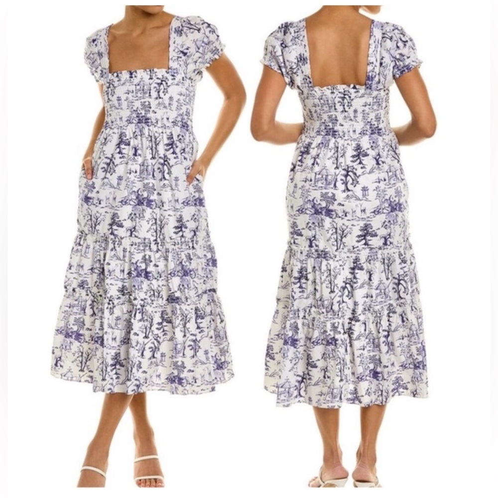 O.P.T. River Blue Toile de Jouy Smocked Puff Sleeve Cotton Midi Boho Dress Small